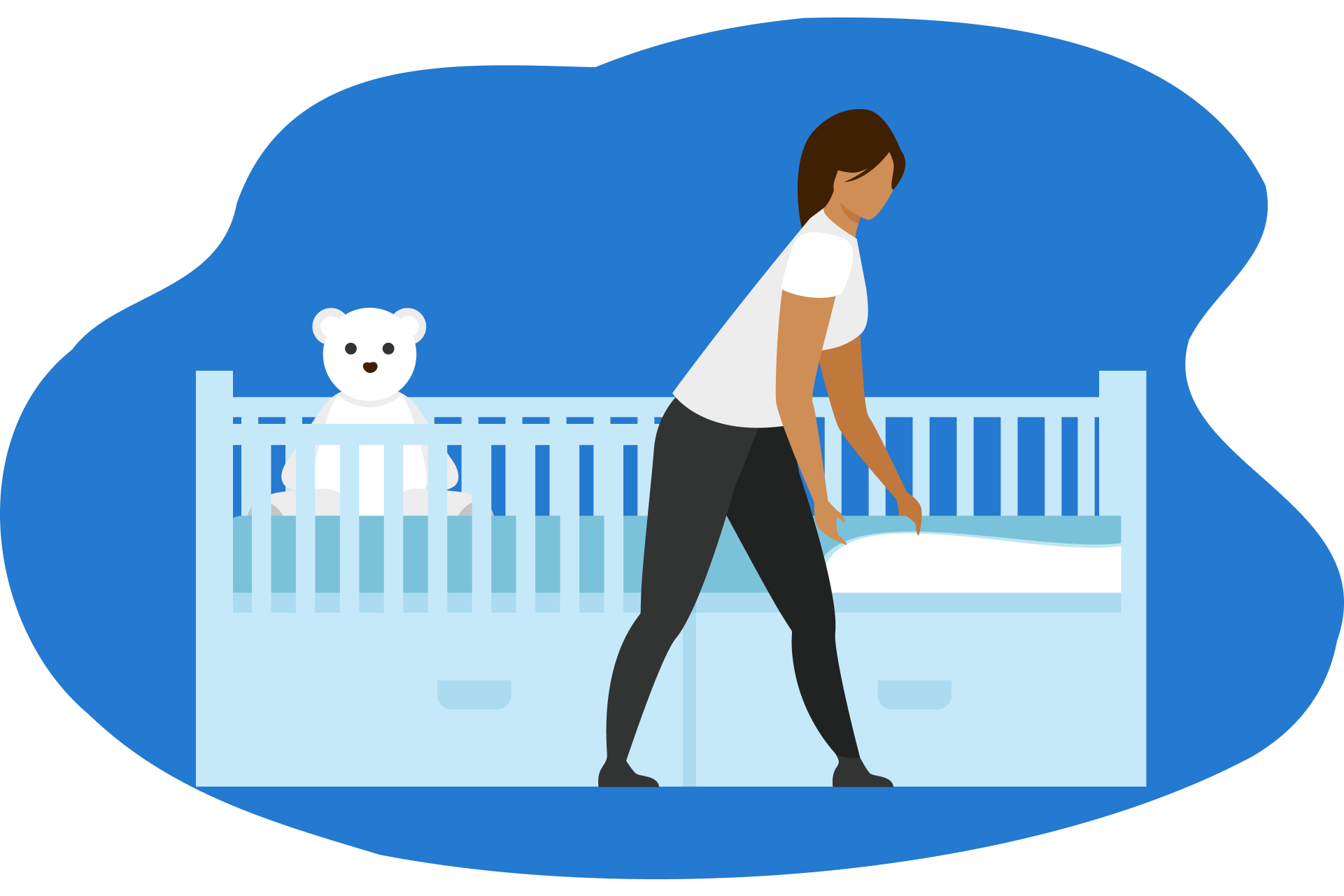 Ilustração de pessoa a colocar um lençol ajustado na cama de uma criança